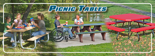 Picnic tables available in a variety of materials & colors.